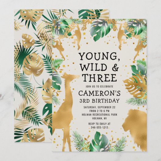 Invitation Young Wild Three Safari Green Ecru 3e anniversaire (Devant / Derrière)