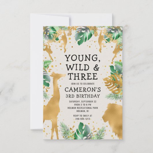 Invitation Young Wild Three Safari Green Ecru 3e anniversaire (Devant)