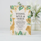 Invitation Young Wild Three Safari Green Ecru 3e anniversaire (Debout devant)