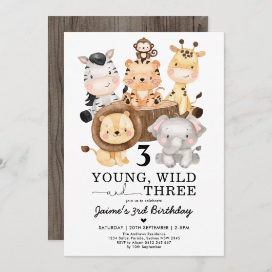 Invitation Young Wild & Three Safari Jungle 3e anniversaire (Devant / Derrière)