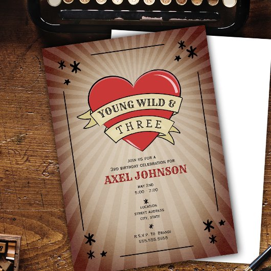 Invitation Young Wild & Three Tattoo Heart Troisième Annivers