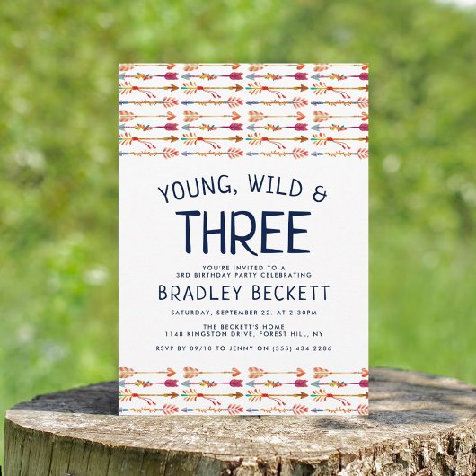Invitation Young, Wild & Three Tribal Boho Arrow 3e anniversa