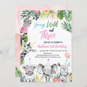 Invitation Young Wild & Three Tropical Safari Girl Birthday