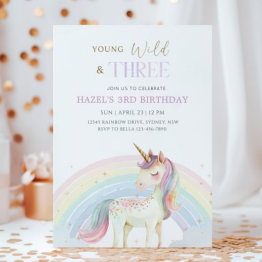 Invitation Young Wild & Three Unicorn Rainbow 3rd Birthday