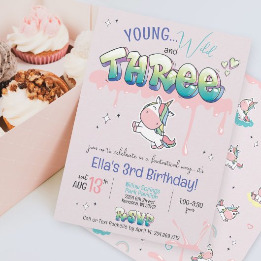 Invitation Young Wild Three Unicorn Rainbow Girl 3e anniversa