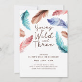 Invitation Young Wild & Three Watercolor Boho Feathers (Devant)