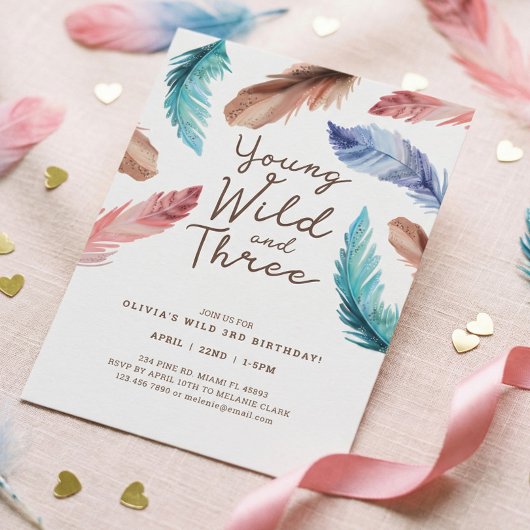 Invitation Young Wild & Three Watercolor Boho Feathers
