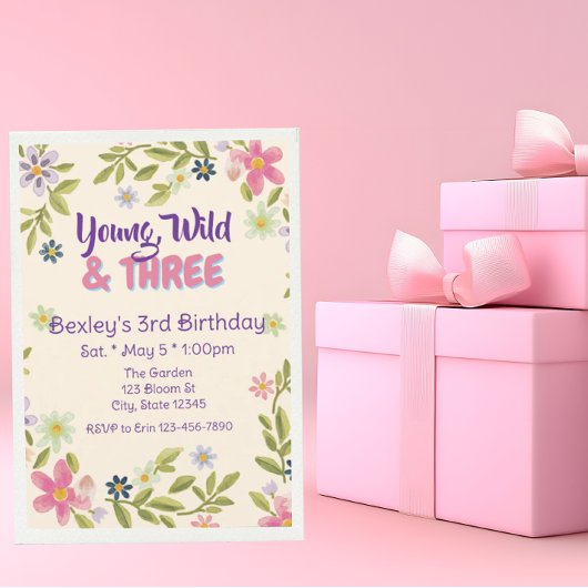 Invitation Young, Wild, & Three Wildflower, 3rd birthday 