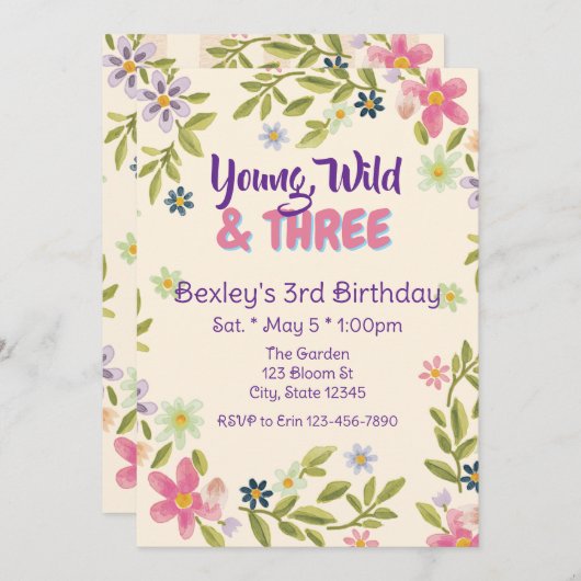 Invitation Young, Wild, & Three Wildflower, 3rd birthday (Devant / Derrière)
