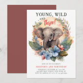 Invitation Young Wild Trois 3e anniversaire enfants mignon él (Devant / Derrière)