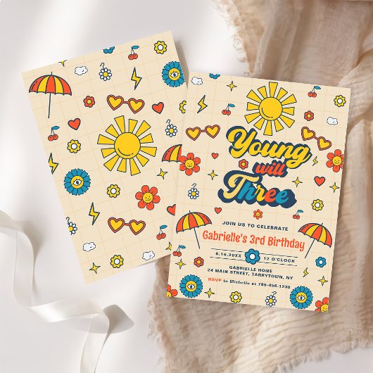 Invitation Young Will Three Retro Daisy 3e fête d'anniversair