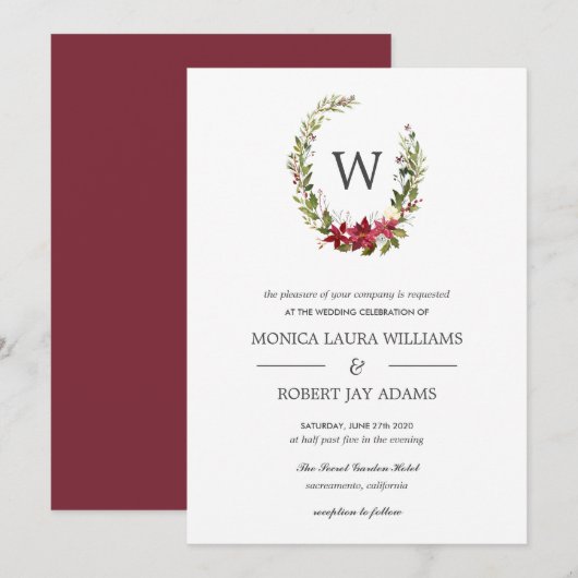 Invitation Yuletide | Floral Mariage Monogramme de Noël (Devant / Derrière)
