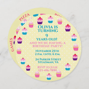 Invitation Yummy Cupcakes Round Anniversaire de enfant Party