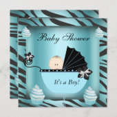 Invitation Zebra Baby shower bébé garçon Cupcake Turquoise (Devant / Derrière)