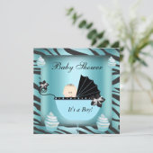Invitation Zebra Baby shower bébé garçon Cupcake Turquoise (Debout devant)