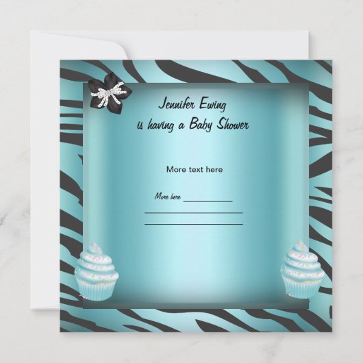 Invitation Zebra Baby shower bébé garçon Cupcake Turquoise (Dos)