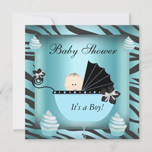 Invitation Zebra Baby shower bébé garçon Cupcake Turquoise (Devant)