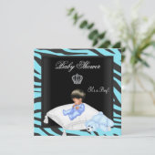 Invitation Zebra Baby shower Boy Blue Black Crown Prince (Debout devant)