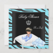 Invitation Zebra Baby shower Boy Blue Black Crown Prince (Devant)