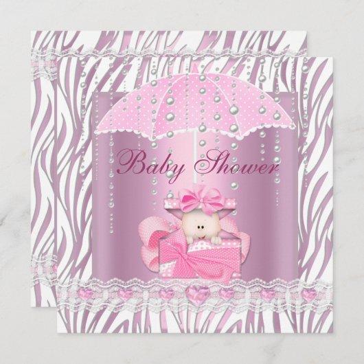 Invitation Zebra Baby shower fille bébé rose parapluie blanc (Devant / Derrière)