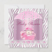 Invitation Zebra Baby shower fille bébé rose parapluie blanc (Devant)