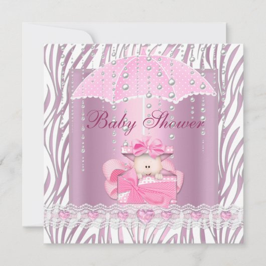 Invitation Zebra Baby shower fille bébé rose parapluie blanc (Devant)