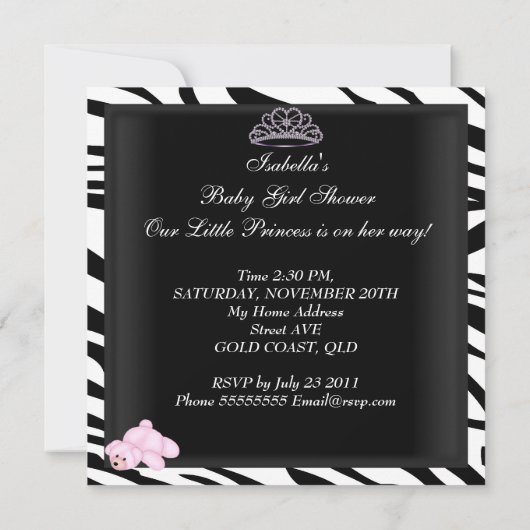 Invitation Zebra Baby shower fille rose noir blanc princesse (Dos)
