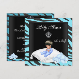 Invitation Zebra Baby Shower Garçon Bleu Noir Couronne Prince