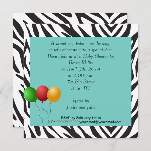 Invitation Zebra Baby shower Party turquoise (Devant / Derrière)