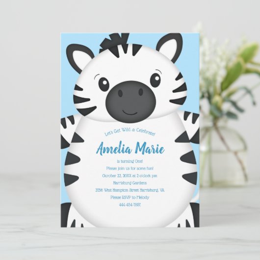 Invitation Zebra Birthday Party Blue (Debout devant)