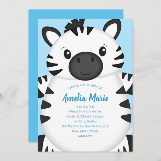 Invitation Zebra Birthday Party Blue (Devant / Derrière)