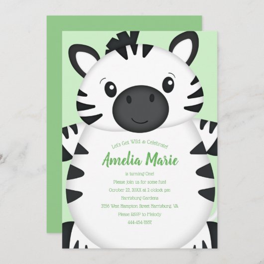 Invitation Zebra Birthday Party Green (Devant / Derrière)
