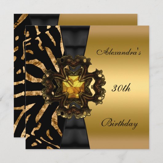 Invitation Zebra Black Gold Stripe 30e fête d'anniversaire (Devant / Derrière)