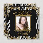 Invitation Zebra Black White Gold Photo Anniversaire (Devant / Derrière)