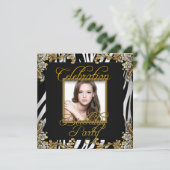 Invitation Zebra Black White Gold Photo Anniversaire (Debout devant)