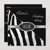 Invitation Zebra Black White Silver 40e fête d'anniversaire (Devant / Derrière)