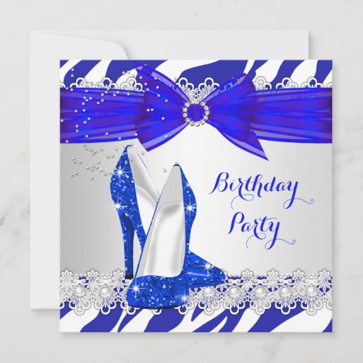 Invitation Zebra Bleu Bleu Bleu Dentelle Perle Anniversaire (Devant)
