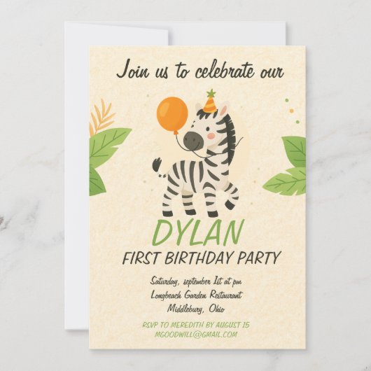 Invitation Zebra Cartoon Textured Stripes Pattern – Black & C (Devant)