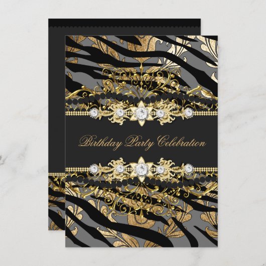 Invitation Zebra Damask Gold Black Foil Beige Elegant Party (Devant / Derrière)