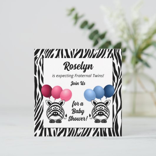 Invitation Zebra Fraternal Twins rose et Baby shower bleu (Debout devant)