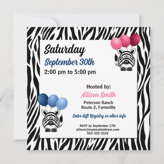 Invitation Zebra Fraternal Twins rose et Baby shower bleu (Dos)