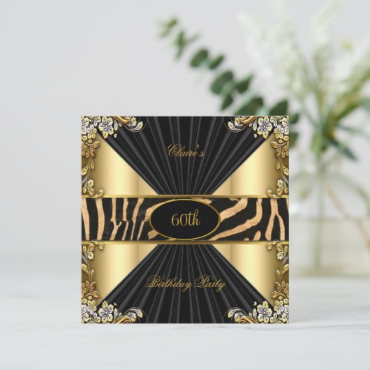 Invitation Zebra Gold Cream Leopard Black Anniversaire (Debout devant)