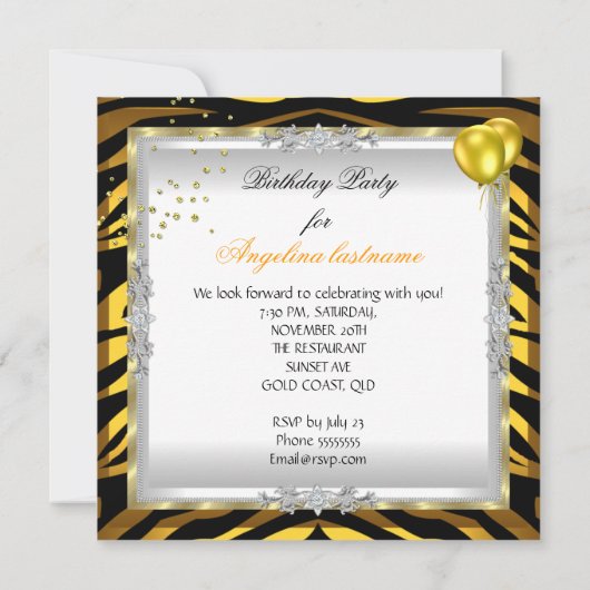 Invitation Zebra Gold Parties scintillant talons Jaune fête d (Dos)