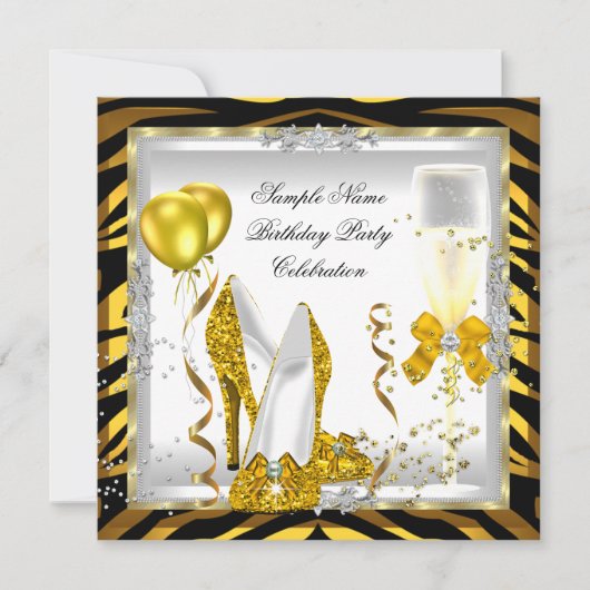 Invitation Zebra Gold Parties scintillant talons Jaune fête d (Devant)