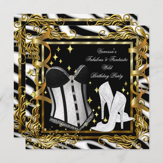 Invitation Zebra High Heel Gold Black Corset fête d'anniversa (Devant / Derrière)