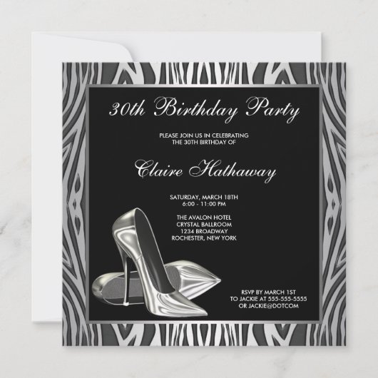 Invitation Zebra High Heel Womans 30e fête d'anniversaire (Devant)