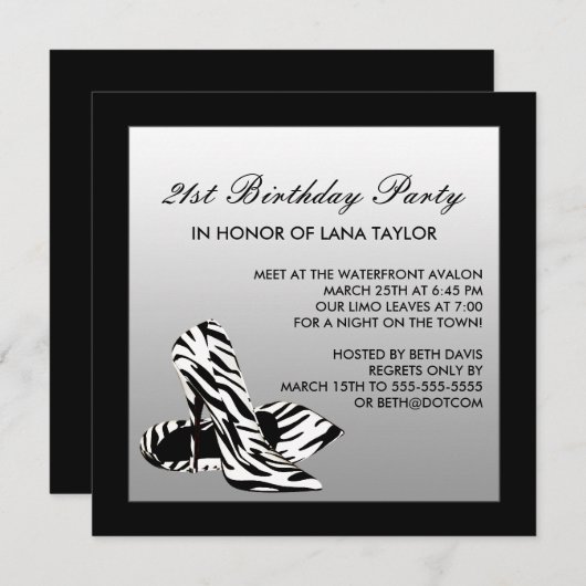 Invitation Zebra High Heels 21e fête d'anniversaire (Devant / Derrière)