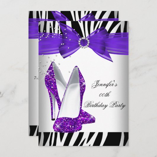 Invitation Zebra Hot Purple High Talon Noir fête d'anniversai (Devant / Derrière)