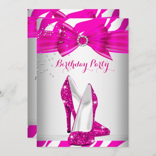 Invitation Zebra Hot Rose High Heel Chaussure Anniversaire (Devant / Derrière)