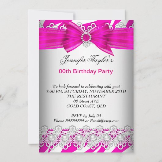 Invitation Zebra Hot Rose High Talon Lace Pearl fête d'annive (Dos)